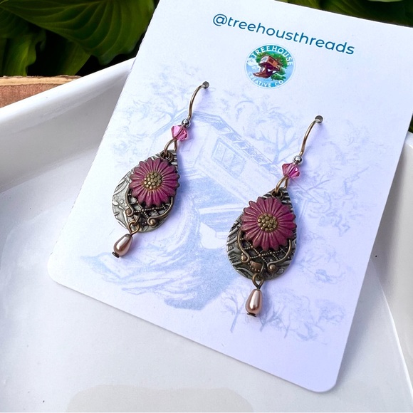 Pink and Gold Floral Dangle Drop Earrings - Picture 4 of 6